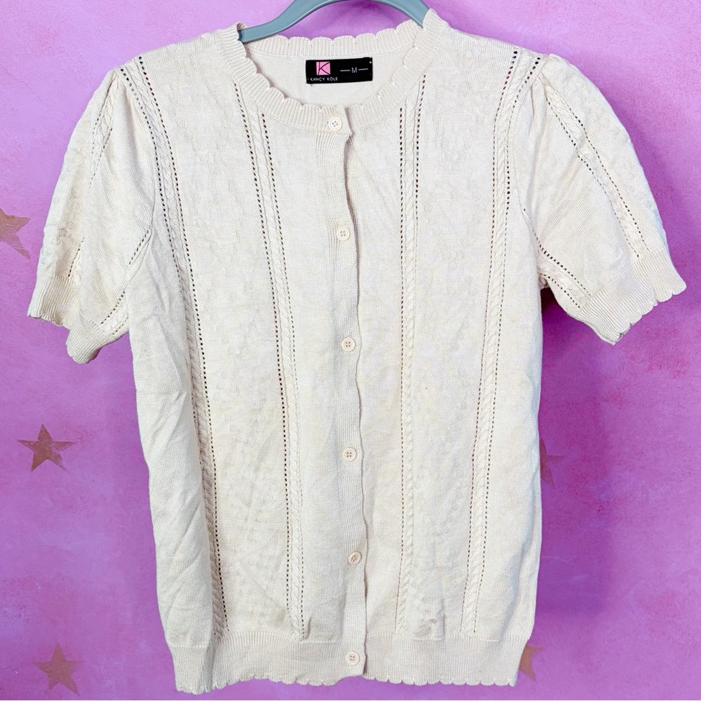 Vintage Kancy Kole Ivory Short Sleeve Cardigan Crochet Size Medium Romantic Boho